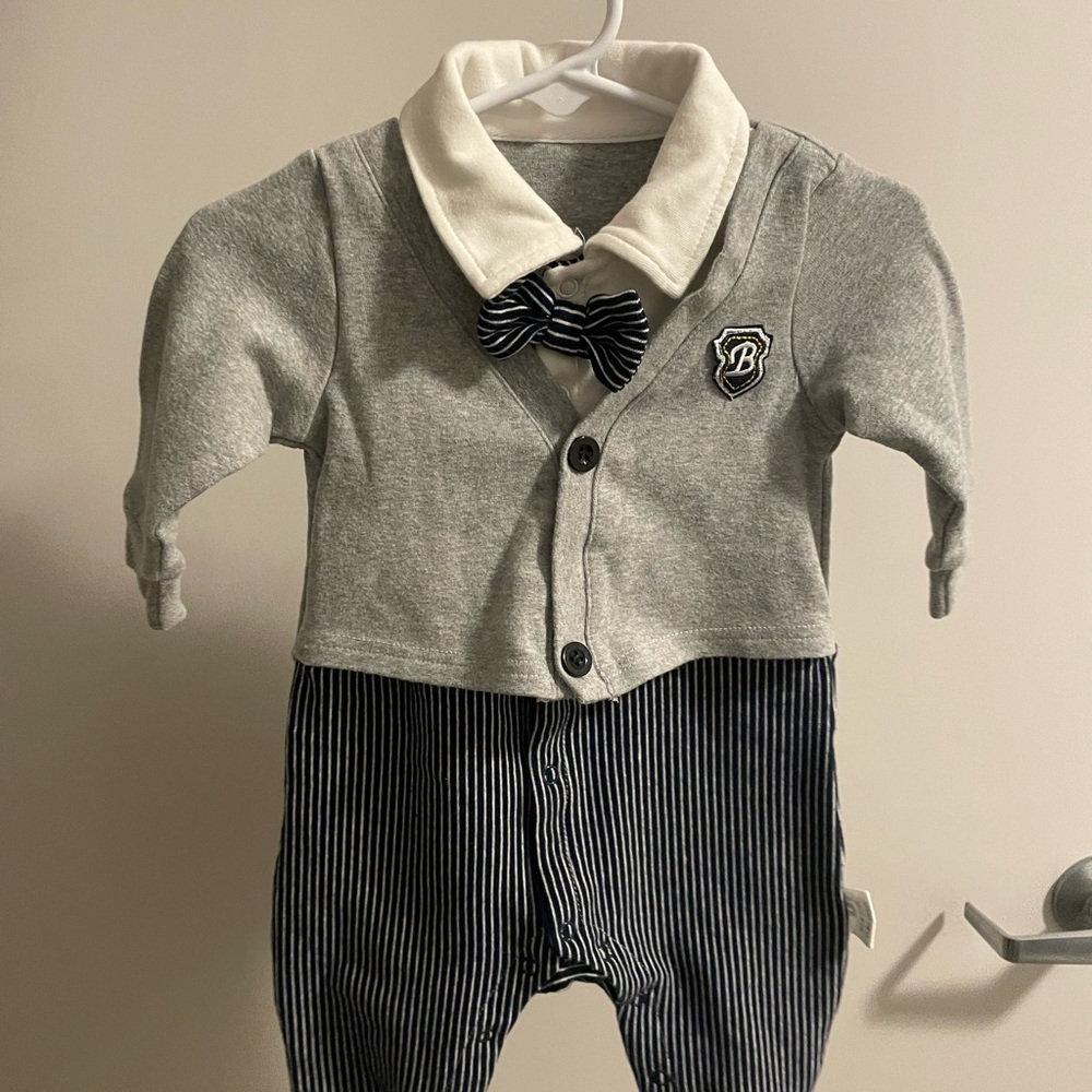 Gray and White Baby Outfit with Bow Tie